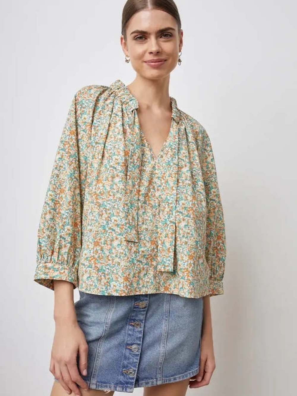 Rails Floral Peasant Blouse XS Boho Tie Neck Top Cottagecore